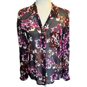 Diane von Furstenberg Lorelei Print Chiffon Silk Blouse Black Pink Abstract Sz 2